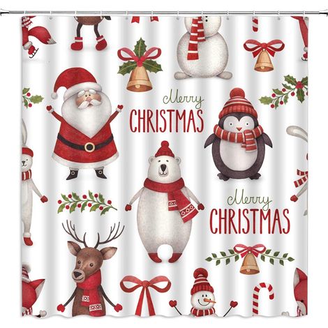 180 x 180 cm großer Duschvorhang mit Weihnachtsmotiv, Weihnachtsmann und Rentier, Badezimmer-Dekorationsset, wasserdichtes Material, inklusive 12 Haken