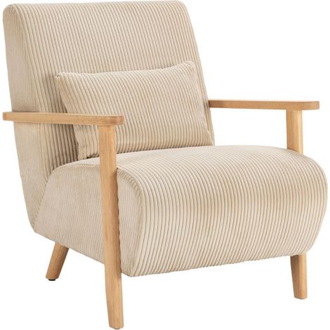 Fauteuil en velours côtelé beige vintage avec accoudoirs et pieds en chêne naturel - BONIFACE (1/5)