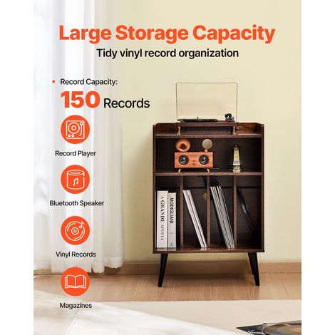 Meuble platine vinyle LED avec bandeau lumineux, étagère 3 niveaux prise secteur USB, rangement 150 albums, bibliothèque disques chambre salon (1/5)