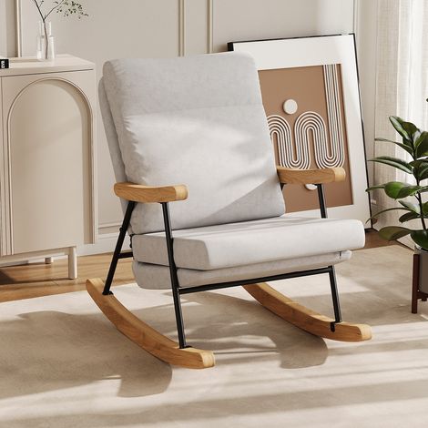 Poltrona a dondolo in tessuto di lino con braccioli ergonomici e base in legno naturale per soggiorno e camera da letto - 64,5x97,5x94 cm - grigio (1/5)