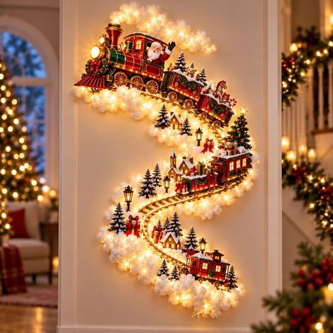 Lampe murale Chemin Magique de Noël, traîneau du Père Noël et rennes à suspendre avec lumière LED blanc chaud, étoile et flocon de neige en 3D, décoration de Noël intérieure pour salon
