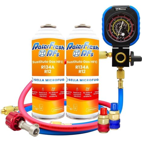 2 Gas Refrigerante Ralerfresh RFs para aire acondicionado de coche o nevera, sustituto del gas R12 y R134A con kit Manometro (1/5)