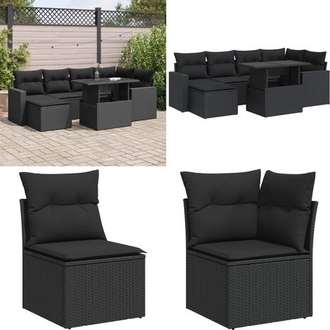 vidaXL Salon de jardin 7 pcs avec coussins noir résine tressée (1/5)