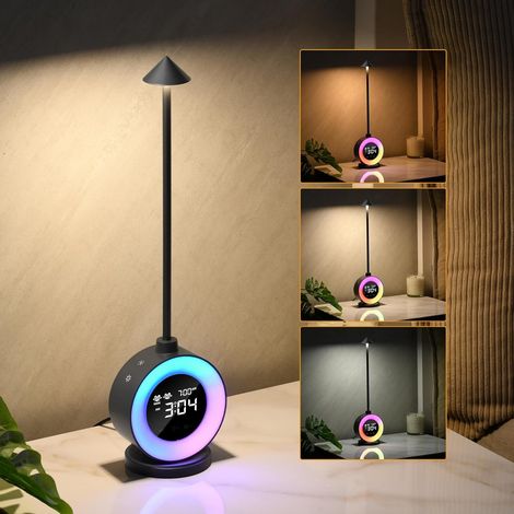 Dimmbare LED-Nachttischlampe mit Uhr, kabellose LED-Tischlampe mit Uhr/Wecker/Schlummerfunktion/Nachtlicht RGB mit 7 beruhigenden Geräuschen, Schreibtischlampe für Schlafzimmer, Wohnzimmer