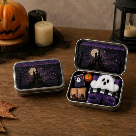 New Halloween Mini Ghost Tin Box Set - Cute Halloween Travel Ornament with Bat and Castle - 106cm