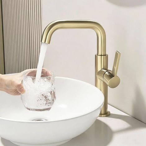 Robinet Vasque à Poser Doré, Mitigeur Haut Pour Salle de Bains, Robinet de Lavabo Haut Rotatif à 360°, Matériau en Acier Inoxydable Résistant à L'usure, Mousseur Remplaçable, Or (1/5)