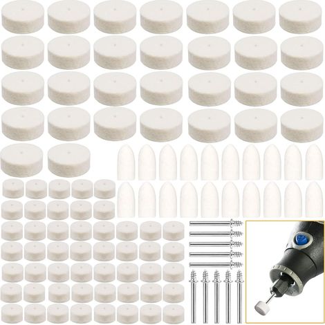 110 tampons de polissage en feutre de laine avec tiges de 1/8 de pouce, adaptés au perçage des plastiques, du verre, des métaux et des bijoux. (1/5)