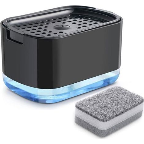 Distributeur de savon de cuisine - distributeur de liquide vaisselle - avec porte-éponge - rechargeable en détergent - noir (1/3)