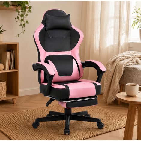 Silla gaming elegante y cómoda, con bolsillo trasero, costuras finas, PVC, rosa bebé (1/5)