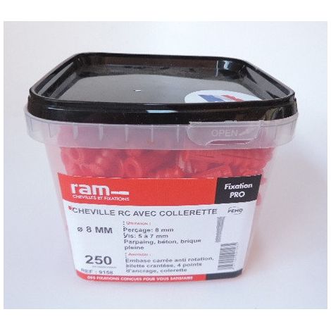 RAM – Seau de 250 chevilles RC8 Ø 8x39mm nylon rouge – Pour béton armé et matériaux variés – Fixations robustes et durables (1/3)