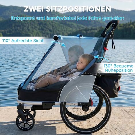 Remorque vélo pour enfants 2 places, 2-en-1 pliable, sièges et harnais réglables, bleu (1/5)