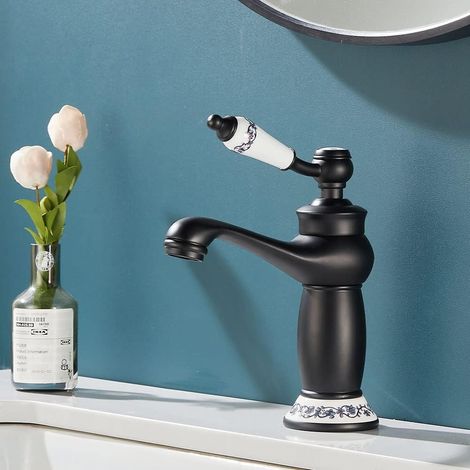 CCYKXA Retro-Badezimmerarmatur, luxuriöser viktorianischer Mischbatterie mit Keramikgriff, Badezimmer-Waschbeckenarmaturen mit flexiblen Schläuchen, Warm- und Kaltmischbatterie, Messing, Mattschwarz