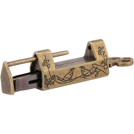 Serrure chinoise vintage gravée, serrure de porte ancienne décorative avec clé pour tiroir de boîte à bijoux (1/5)