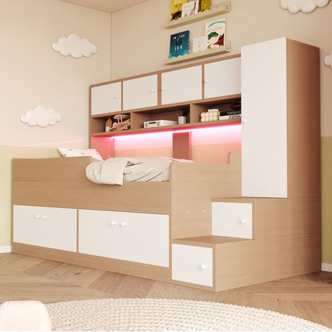 Cama arca infantil 90x200 cm - Cama individual - Con almacenajes, LED, armario y escalera - En MDF - Madera natural (1/5)