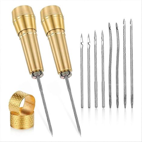 Lot de 14 poinçons à coudre en cuir avec manche en cuivre, aiguilles robustes pour travaux manuels et réparations. (1/5)