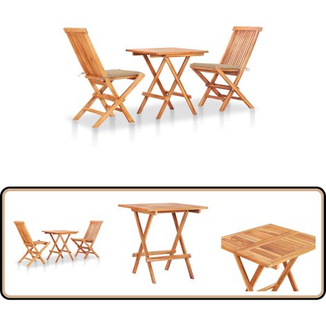 3-tlg. Bistroset mit Beigen Kissen Massivholz Teak - Holz-Bistroset - Teakholzmöbel - Gartenmöbel - Outdoor-Möbel - Balkonmöbel