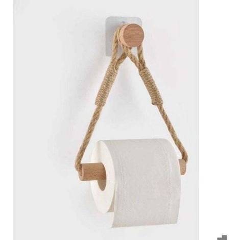 Porte-Papier Toilette - Corde de Chanvre Naturelle et Bois de Hêtre - Support Mural Écologique pour Salle de Bain - 1 Pièce (1/4)