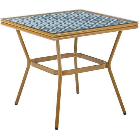 Mesa de jardín de ratán sintético tablero de vidrio templado de 80 x 80 cm estructura de aluminio azul y blanco Caspri (1/5)