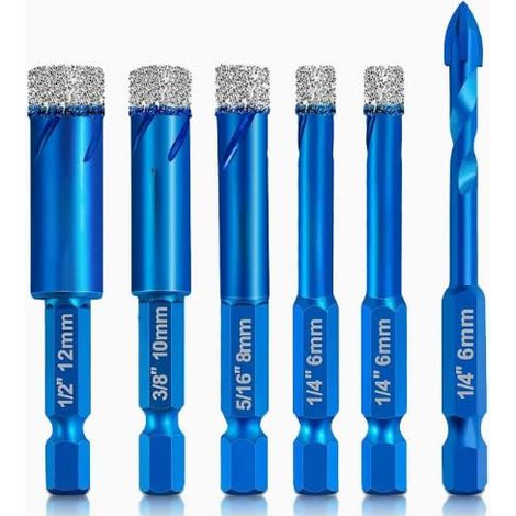 Lot de 6 forets diamantés avec tige hexagonale, forets pour carrelage pour porcelaine, céramique, granit, marbre, verre, pierre, kit de forets diamant pour perçage à sec ou humide, scie cloche (1/5)