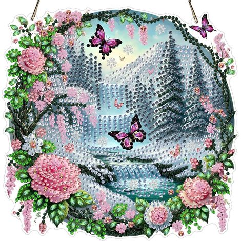 DIY Diamond Painting Anhänger mit Kette, Schneeszene Blumen Schmetterling, Fensterbild 20x20cm (1/4)
