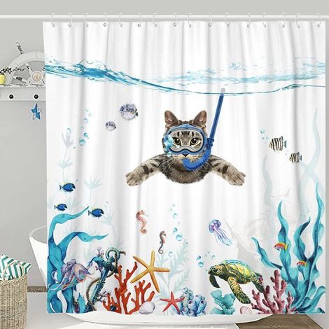 Rideaux de douche en tissu impermable bleu sarcelle de mer avec chat drle et pieuvre toile de mer to Salle de bain, WC Accessoire (1/5)