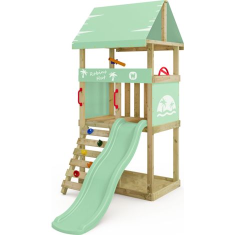 Parque infantil de madera Wickey DinkyHouse con Tobogan y Arenero para niños pequeños en verde claro