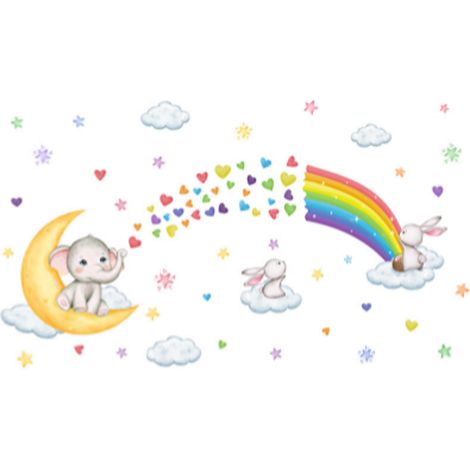 Sticker Mural Éléphant Arc-en-ciel - Décoration Murale Enfant - Pour Chambre Bébé Fille - Dimensions 30x90 cm et 120x70 cm - Lot de 2 (1/5)