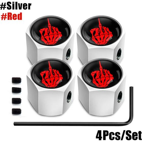 (Argent, motif doigt de mort) Lot de 4 bouchons de valve antivol pour pneus de voitures, camions et motos. Bouchon de valve en forme de doigt d'honneur, joint étanche à la poussière et fixation sécuri (1/5)