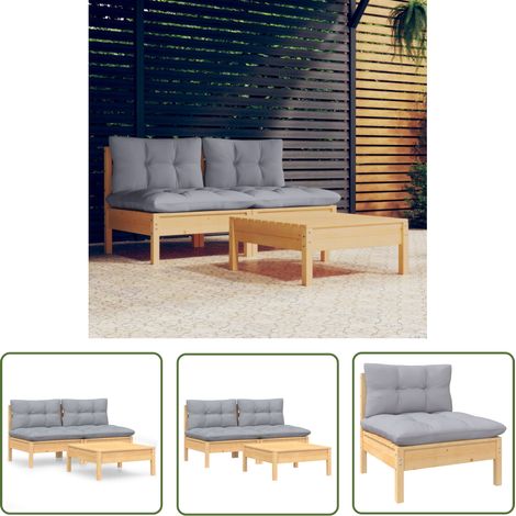 The Living Store Salon de jardin 3 pcs avec coussins gris Bois de pin - Salon De Jardin - Mobilier De Jardin - Ensemble De Jardin - Meubles De Terrasse - Chaise Longue (1/5)