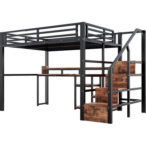 Hochbett 140 x 200 cm Metall und MDF mit Leiterschrank USB Typ-C LED Schwarz (1/5)