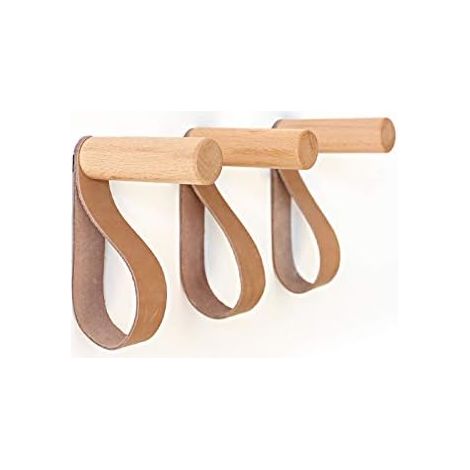 CCYKXA Leather Wall Hooks Wooden Wall Hooks Wall Mounted Coat Rack for Hanging Bags Towels and Coats Scandinavian Decor Modern Design (Set of 3)