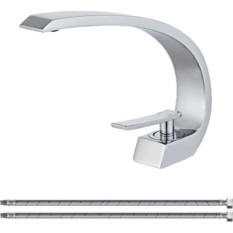 Robinet d'évier de salle de bain en chrome avec tuyau d'alimentation, robinet de lavabo monotrou à conception unique, mitigeur de lavabo (1/5)
