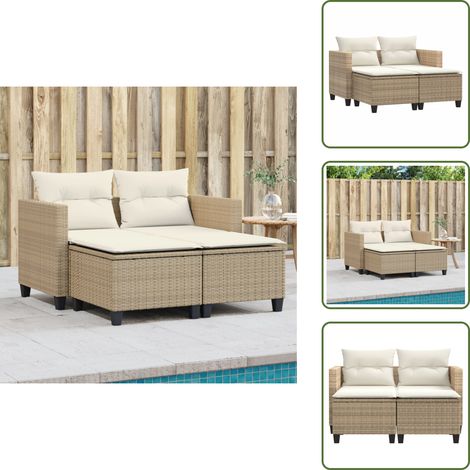 The Living Store Canapé de jardin 2 places avec tabourets beige résine tressée - Canapé De Jardin - Salon De Jardin - Mobilier De Jardin - Résine Tressée - Pouf Pliable