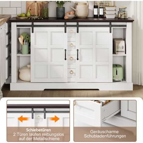 Buffet campagne vintage 150x40x85 cm, meuble de rangement à portes coulissantes et 4 tiroirs, étagères ajustables, idéal pour cuisine, salle à manger, salon.