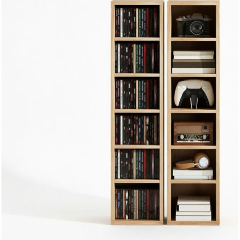 Set di 2 scaffali porta CD a colonna con 12 scomparti, 21 x 22,5 x 88,5 cm, rovere (1/5)