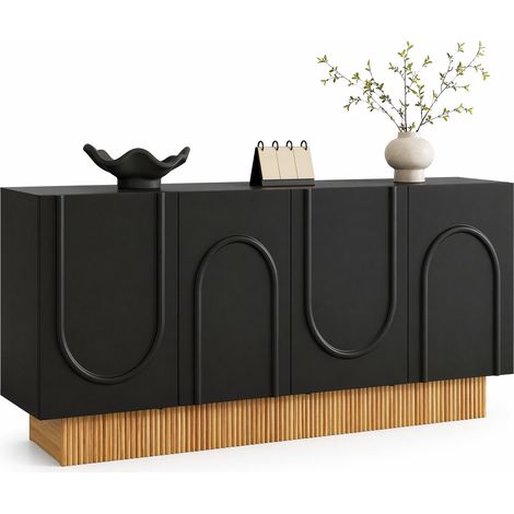 Buffet 4 portes noir et bois 160x38x75 cm, meuble de rangement de salon et salle à manger avec grands compartiments, façade mate effet relief – CHICFURN (1/5)