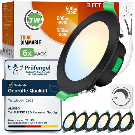 Lot de 6 Spot LED Encastrable 68mm,7W Led Spot Dimmable AC 220-240V,3000K 4000K 6500K Étanche IP44 Réglable Plafonnier Encastré pour Salle de Bain,Salon,Chambre,Cuisine,Rond,Noir (1/5)