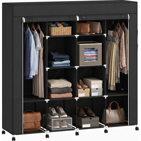 Armoire portable en tissu pliable noir pour salon roulettes, compartiments, barres penderie, structure acier (1/5)