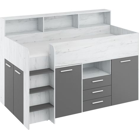 Cama alta con escritorio NEO lado izquierdo blanco artesanal / grafito (1/5)