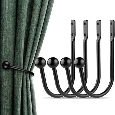 Lot de 4 crochets de rideaux noirs, supports muraux en métal, accessoires (1/5)