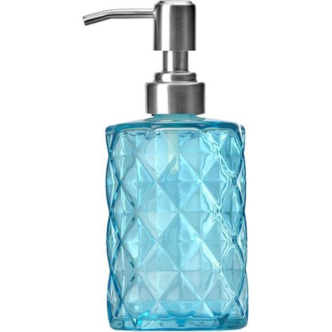 Distributeur de savon en verre bleu - 350 ml - Pompe diamant - Distributeur de savon liquide - Pour salle de bain, cuisine, plan de travail, buanderie, décoration moderne de ferme (1/5)