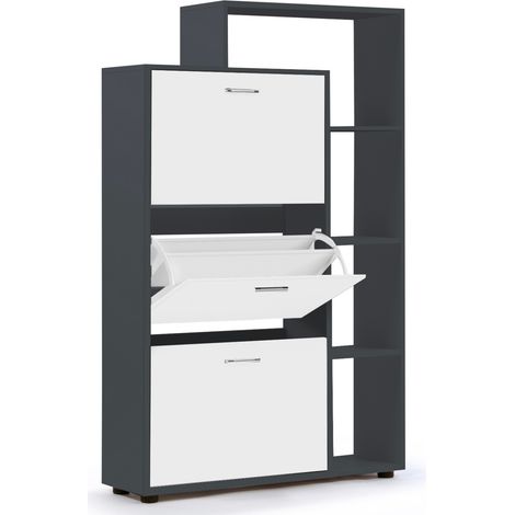 Idmarket – Meuble à chaussures 18 paires gris – 3 portes blanches avec étagère modulable – Dimensions L. 86,5 x l. 24 x H. 133 cm