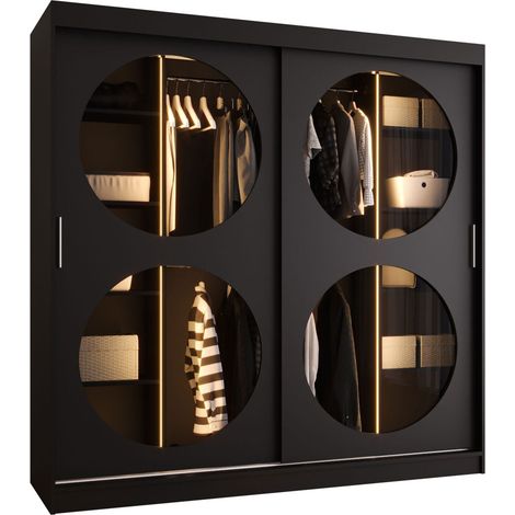 Armario Hartford 531, Negro, 200x200x62cm, Puertas de armario: Correderas, Número de estantes: 5, LED (1/5)