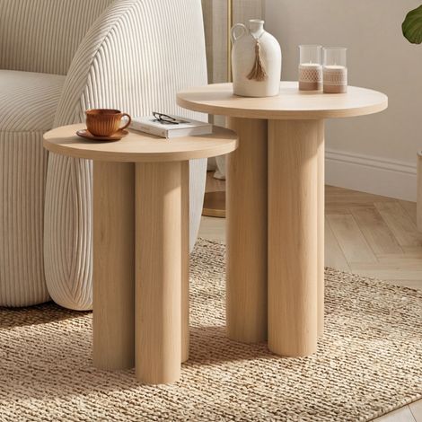 Lote de 2 mesitas auxiliares redondas, mesitas de salón y mesitas de noche ELOISE de 35/40 cm en madera con acabado de haya (1/5)