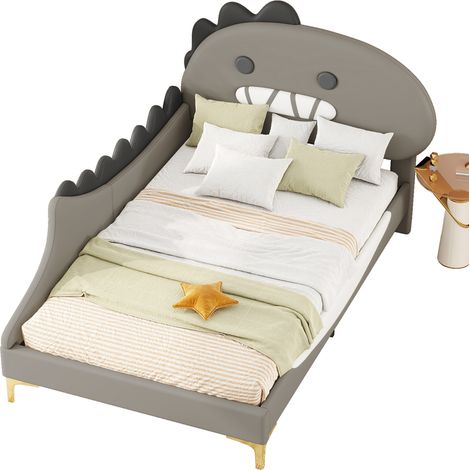 Lit enfant PU/MDF gris 90x200 cm, tête de lit dinosaure, sommier à lattes inclus (1/5)