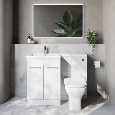 Napoli 460 Gloss White 1100mm 2 Door Vanity Unit Toilet Suite with Left Hand Square Lucia Basin - 1100mm - Chrome 160mm HandleWith Kingston Toilet Pan and Seat