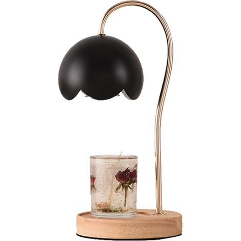 Ortviai Lampe chauffe-cire parfumée dimmable en métal avec base en bois – noir, 18 x 34 cm