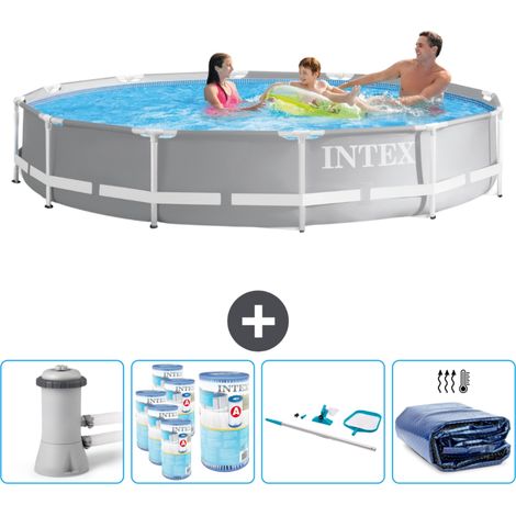 Intex Round Prism Frame Swimming Pool – 366 x 76 cm – Grau – Inklusive Zubehör CB93