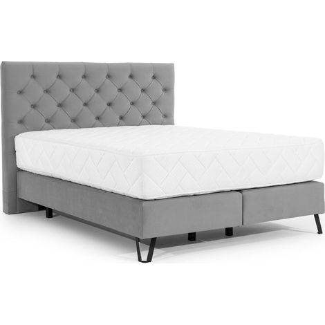 Lit continental capitonné tissu gris Pozza avec matelas 30cm en latex et pied métal noir-180x200 (1/5)