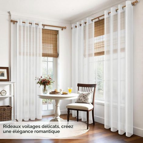 chambre, Rideau voilage blanc 2x, 140x260 cm, œillets, semi-transparent effet lin. Salon, cuisine, balcon, baie vitrée (1/5)